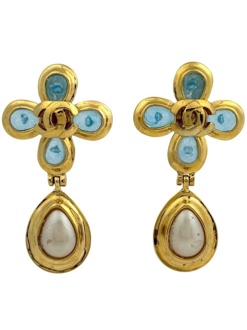 Chanel CC Logo Color Stone Single Earring Faux Pearl Gripoix Swing Gold Plated